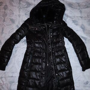 French Connection Shiny Black Puffer Jacket with Fur Hood